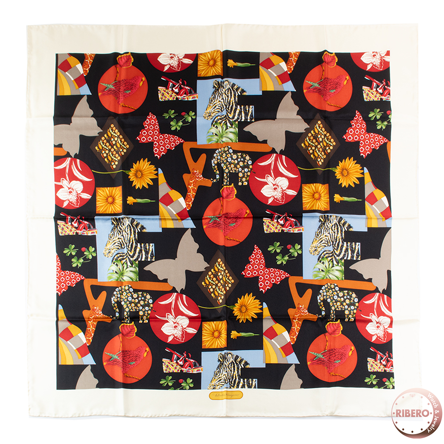 サルヴァトーレフェラガモ シルク  スカーフ 花 蝶 鳥 動物 カレ