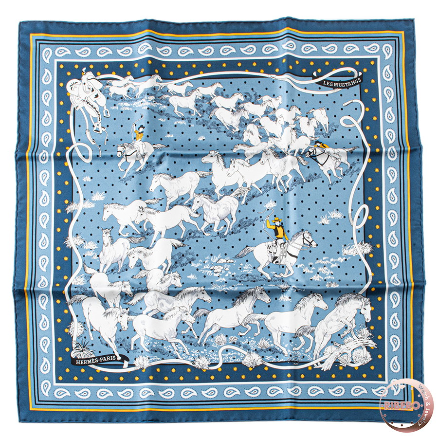 エルメス Les Mustangs Bandana 野生馬 バンダナ 043941S 08 スカーフ カレ55