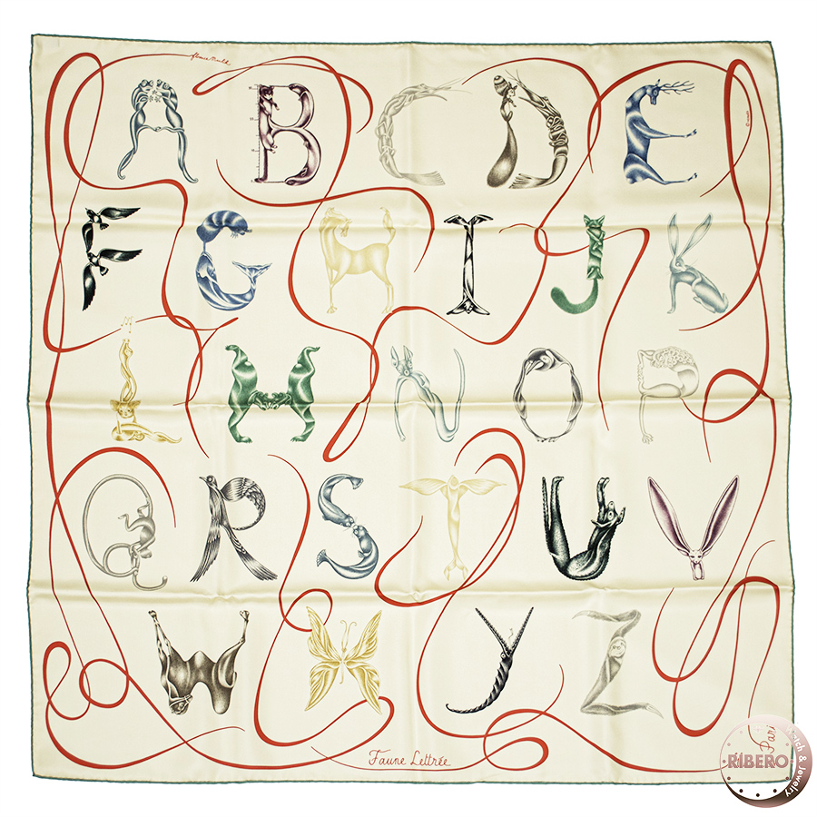 エルメス カレ90 Faune Lettree アルファベットの動物誌 スカーフ