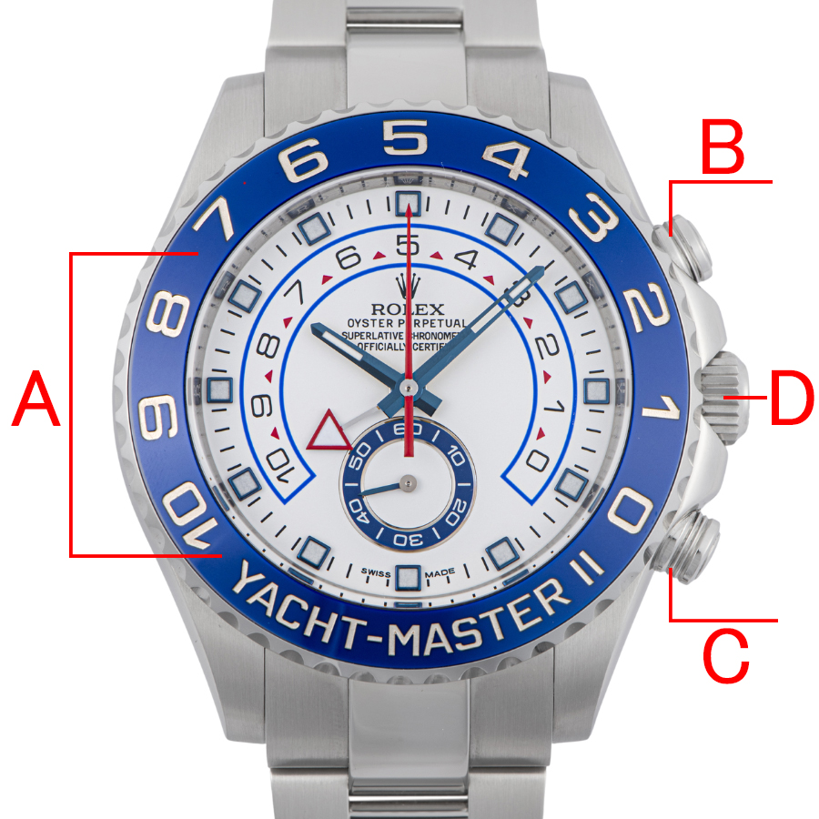 各部名称 Aベゼル B上プッシャー C下プッシャー Dリューズ